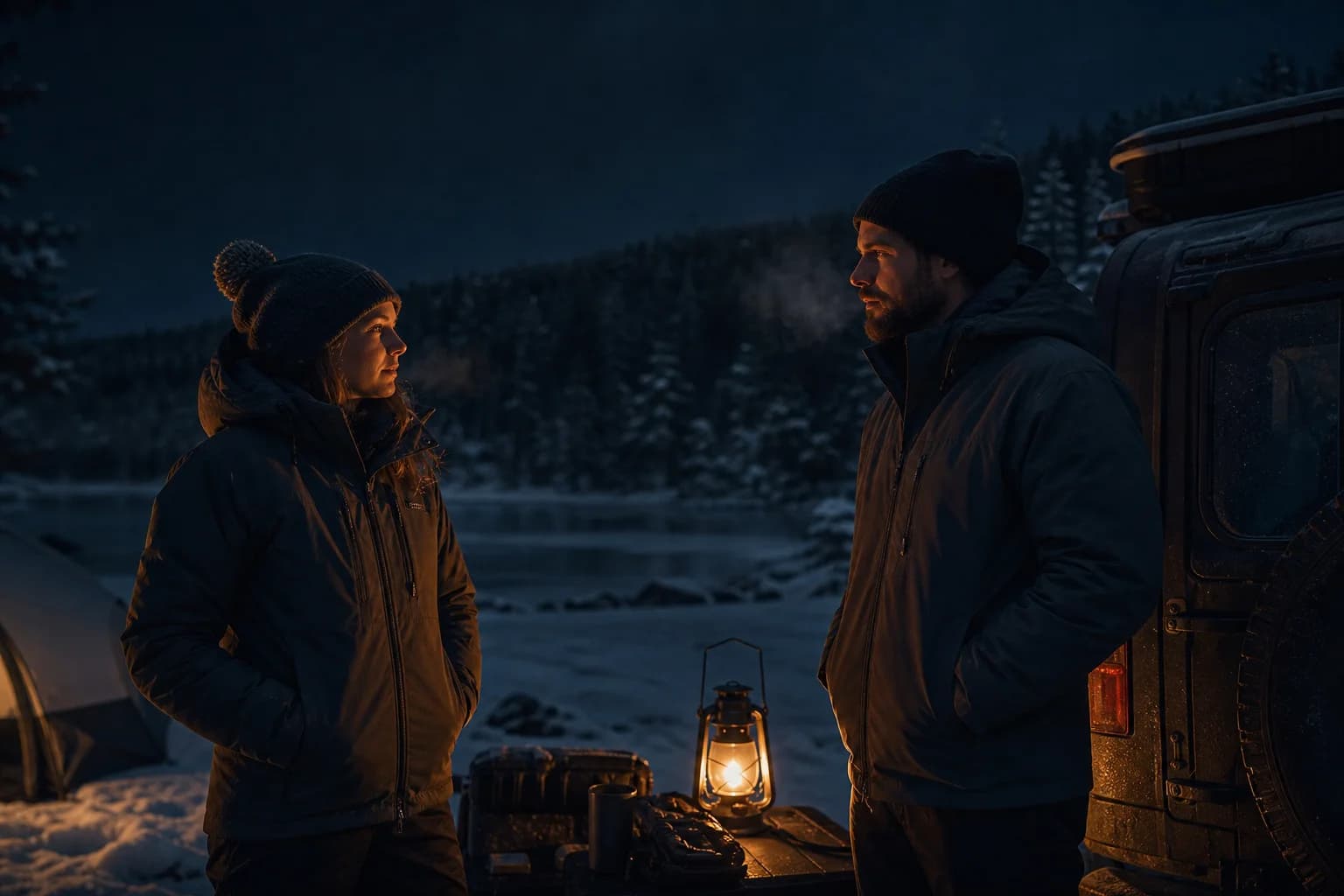 Winter camp beside a frozen lake after dark