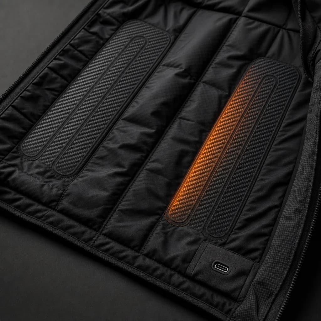 Detail of the heated vest lining and USB connection